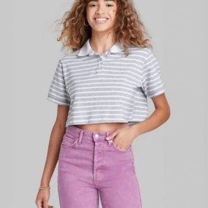 NWT Wild Fable Gray White Striped Boxy Cropped Rugby Polo T-Shirt Size M